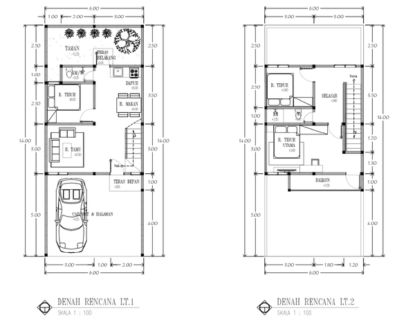 6x14 Bungalow Layout Plan DWG with 2 Floors Room Details AutoCAD