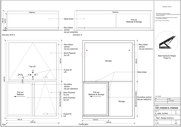 Bed Design Plan 1800mm by 1200mm Storage Lift Autocad DWG File