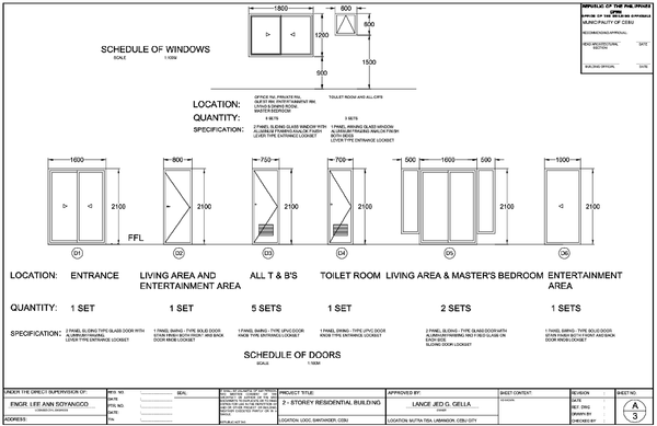 Door And Window Schedule With 2100 Height And 1800 Sliding Window