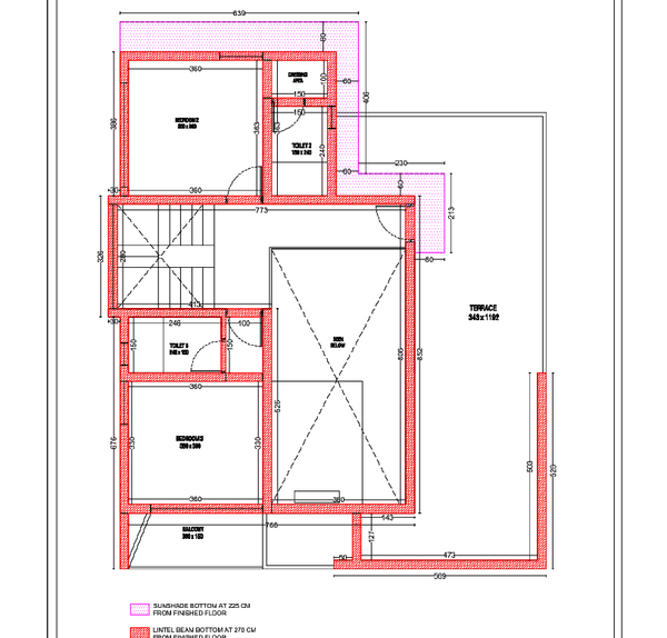 First Floor Lintel Sunshade Plan 639x806 Terrace 343x1192 DWG