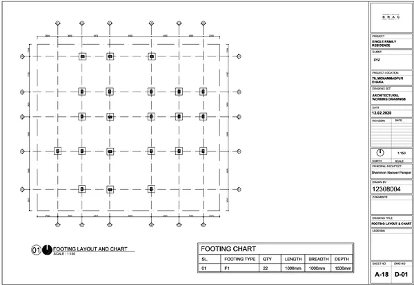 Footing Layout Plans 1000mm by 1000mm Depth 1500mm DWG Files