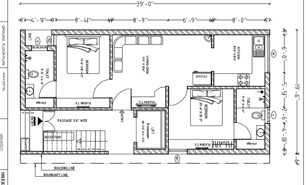 Ground Floor House Plan 39x19 Feet Layout With Two Bedroom Design