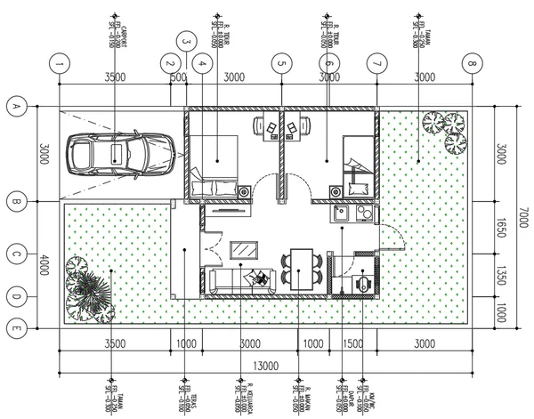 House Ground Floor Layout 13000x7000 Carport Drawing DWG Plan Files