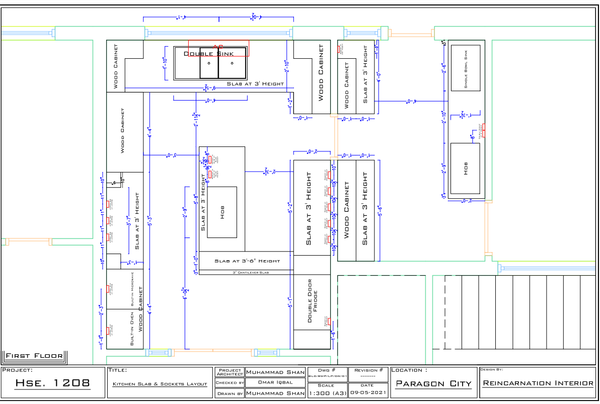 Kitchen Slab Layout With 3 Feet Counter Height And Socket Details