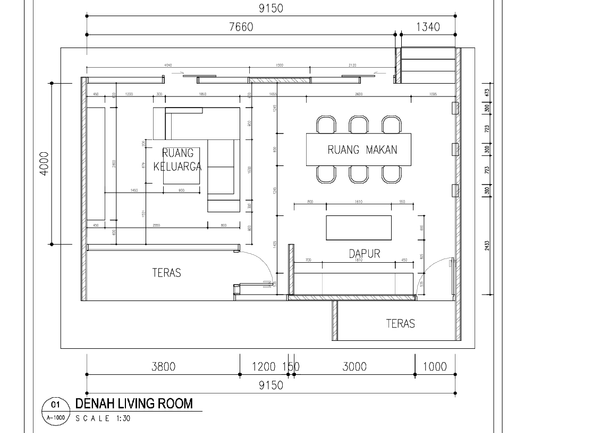 Living Room and Dining Room Layout Plan 9150x4000 Interior CAD