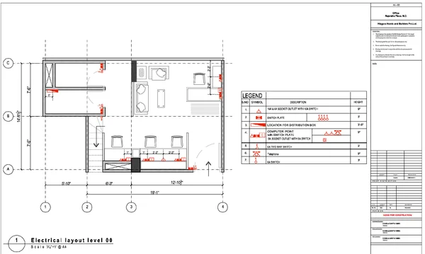 Office Electrical Layout Plan 19ft 1in with Switch and Socket Details