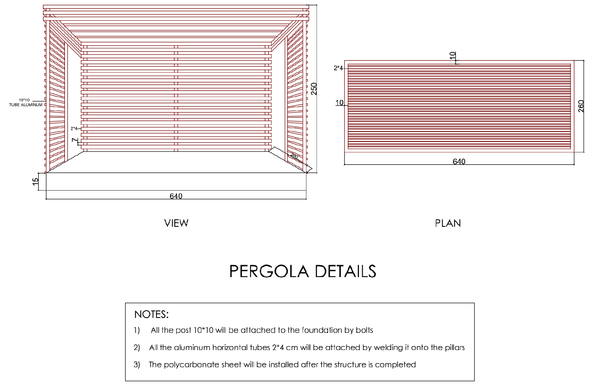 Pergola Structure Detail 640x260 Aluminum Tube Roof DWG Frame