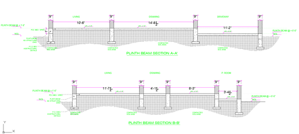 Plinth Beam Section Detail With 10 Feet 6 Inch and 14 Feet 8 Inch Span