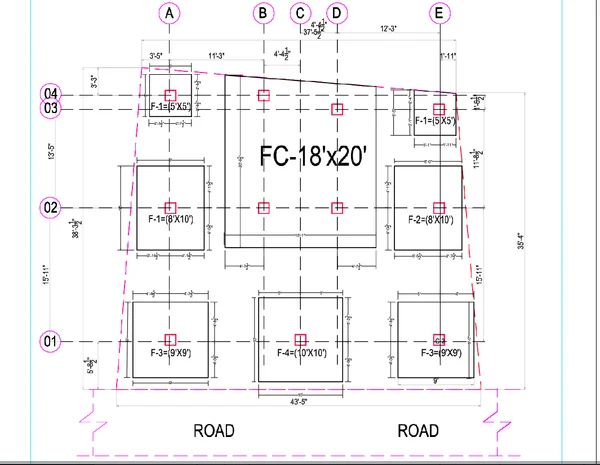 Residential Footing Layout Plan 18x20 FC 43ft5in Road DWG File