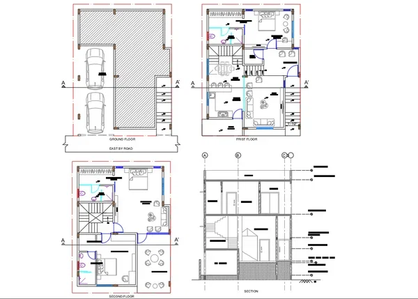 Residential House Plans 3 Floor Layout Section 10ft Room DWG