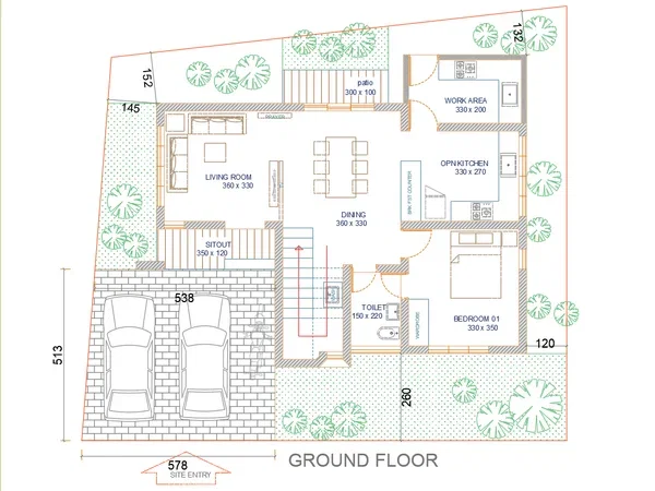 Residential luxurious Bungalow Ground Floor 578cm Entry Layout DWG