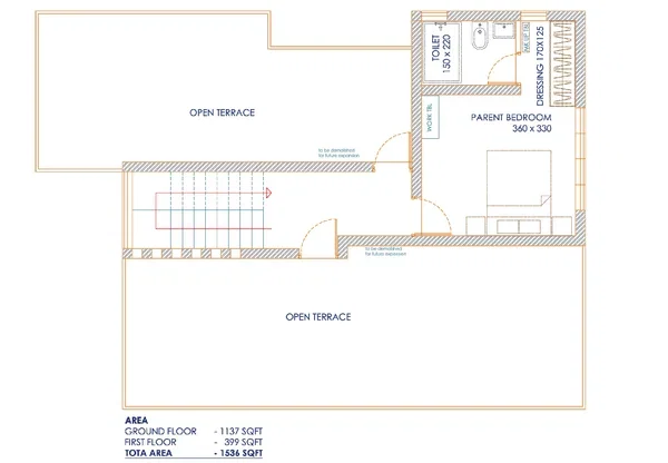 Residential Second Floor Plan with 360x330 Bedroom and Terrace