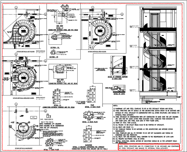 Spiral Staircase Steel Stringer Detail With 250mm Slab CAD Drawing