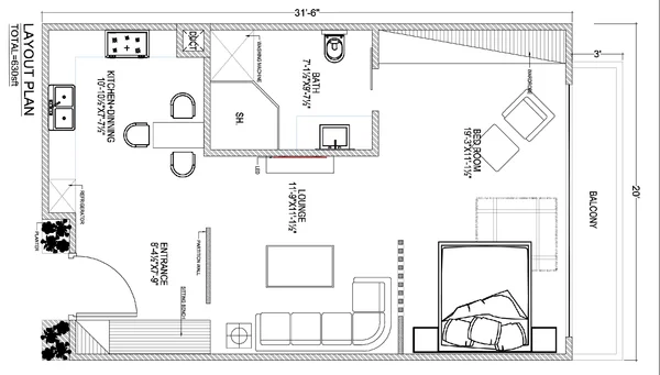 1 BHK House Layout plan DWG 31ft6in x 20ft 630sft Plan Design