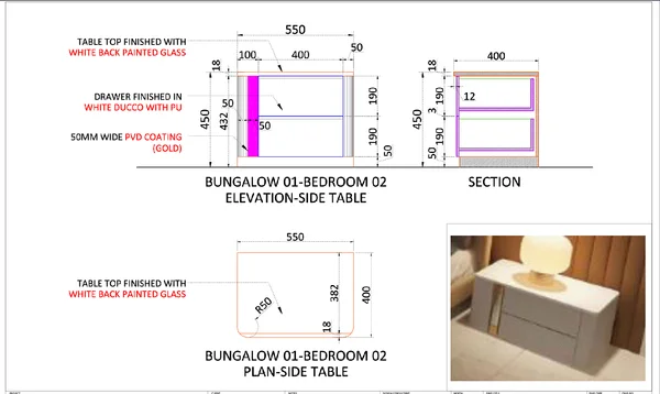 Bed Side Table DWG 550x400x450mm Glass Top Drawer Design files