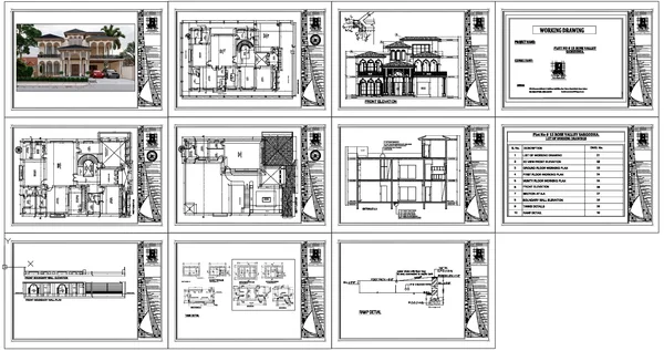 Bungalow architectural working drawing plan elevation section