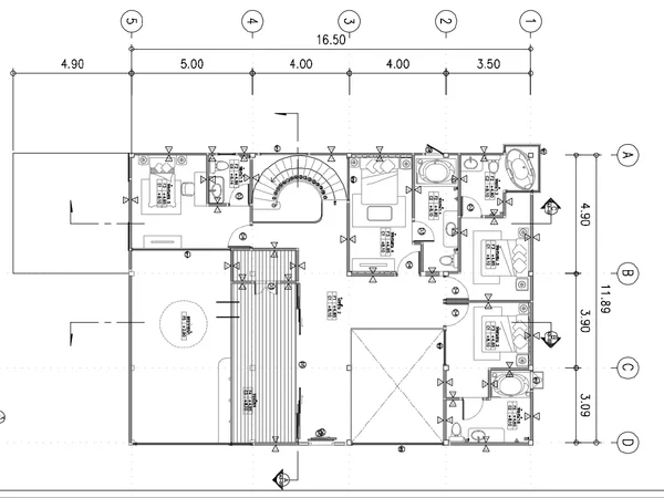 Bungalow layout floor plan 16.50 by 11.89 meter dimensions files