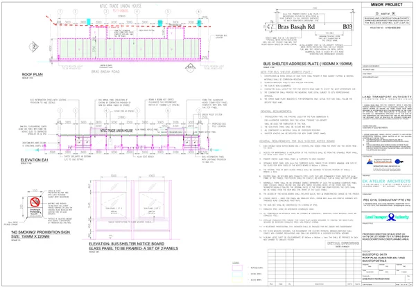 Bus shelter roof plan elevation and detail drawing 1500mm size