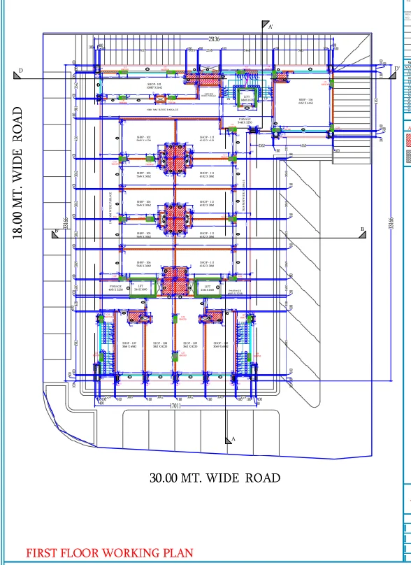Column Position Plan 30m and 18m Road First Floor DWG Layout