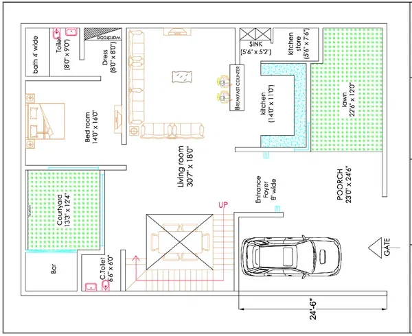 Ground Floor House Layout 30x18 Living 23x24 Porch Plans DWG