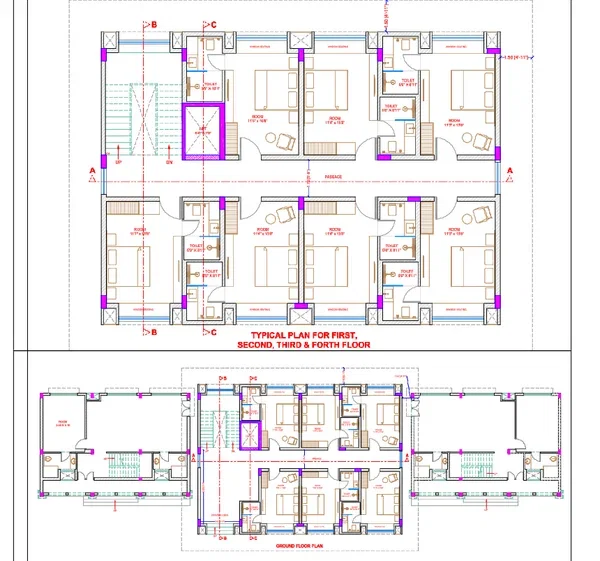 Hotel Layout Plan DWG Ground to Fourth Floor Room Detail Plan