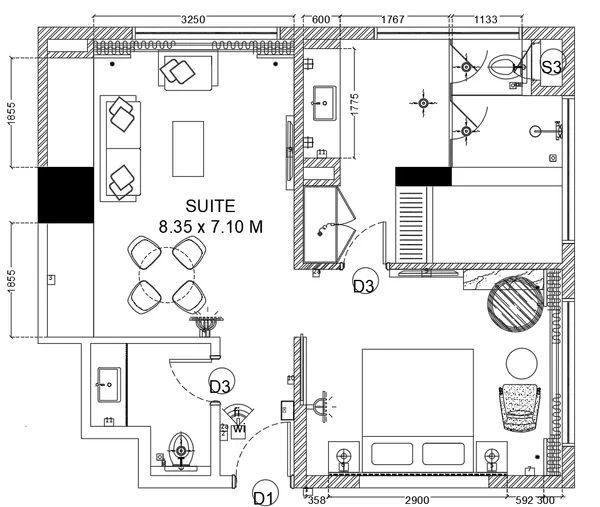 Hotel Suite Room Plans 8.35 x 7.10 M Layout AutoCAD DWG File