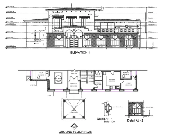 House Elevation DWG with Levels 72085M 3600x3600 Kitchen Plan