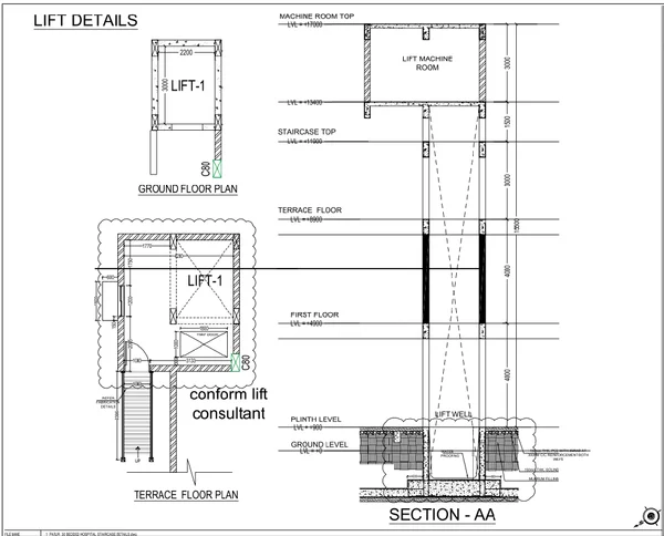 Lift Details Plan 2200x3000 Lift Well Section AA DWG Layouts