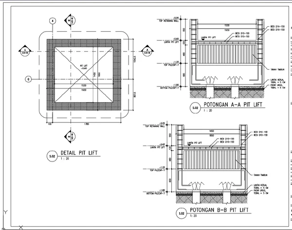 Lift Pit Detail DWG 1530x1930 Section A A B B Reinforcement Plan