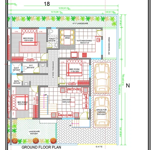 Luxurious Bungalow Ground Floor Plan DWG 41x50 with Bedrooms