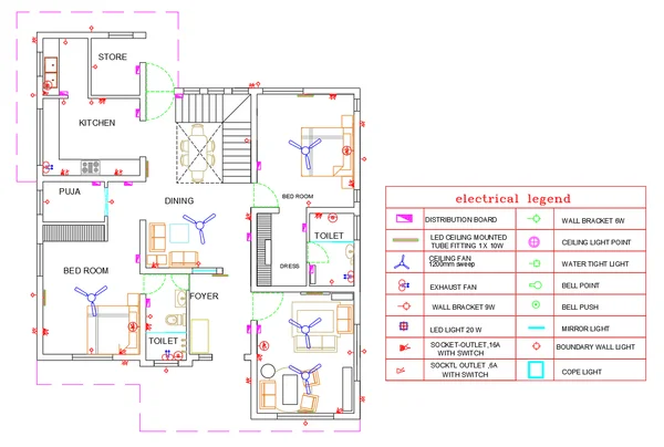Modern Bungalow Electrical Layout DWG Ground Floor Room Plan