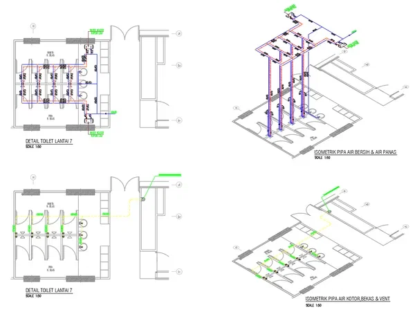 Multi-Floor Toilet Plumbing DWG Layout With Isometric Pipe Detail
