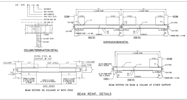 RCC Column Detail And Beam Reinforcement DWG With Dimensions