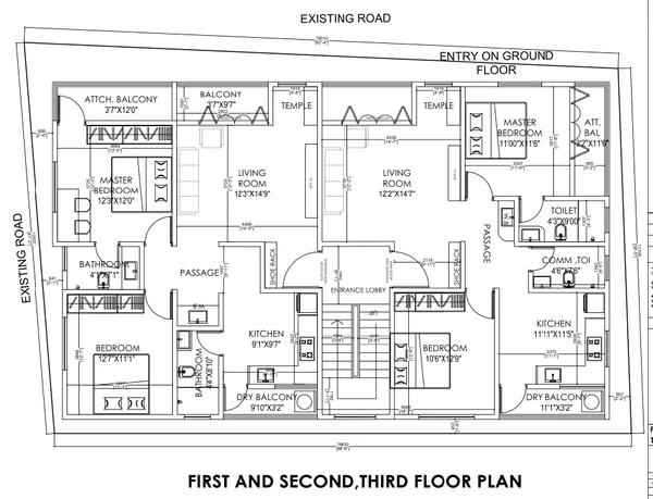 Residential Apartment Floor Plan 60x38 Feet 3BHK Layout DWG Detail