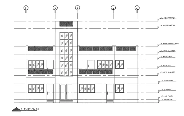 Residential House Elevation DWG 3-Story with Detailed Openings