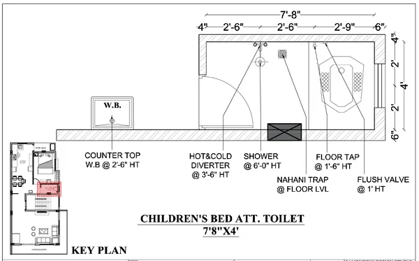 Toilet Plumbing Layout plan DWG 7ft8in x 4ft Detailed Plan File