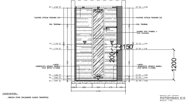 Villa Arsitektur Bathroom Section 2150x1200 200mm Detail DWG