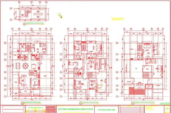 3 Storey Residential Renovation DWG Plan With Basement Layout