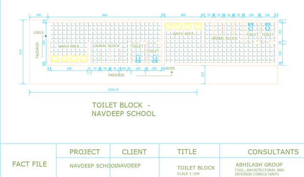 School Toilet Block Plan DWG Layout Size 13547x5190 mm Design