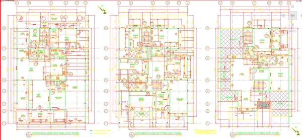 Three Floor Residential Setting Out Plan DWG With Dimensions