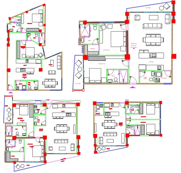 Apartment Unit Floor Plan DWG Collection with Four Layout Designs
