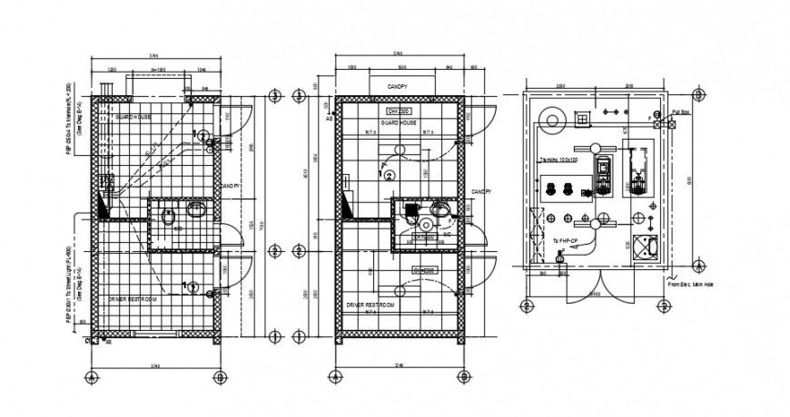 2 d cad drawing of Guardhouse and pump room elevation auto cad software