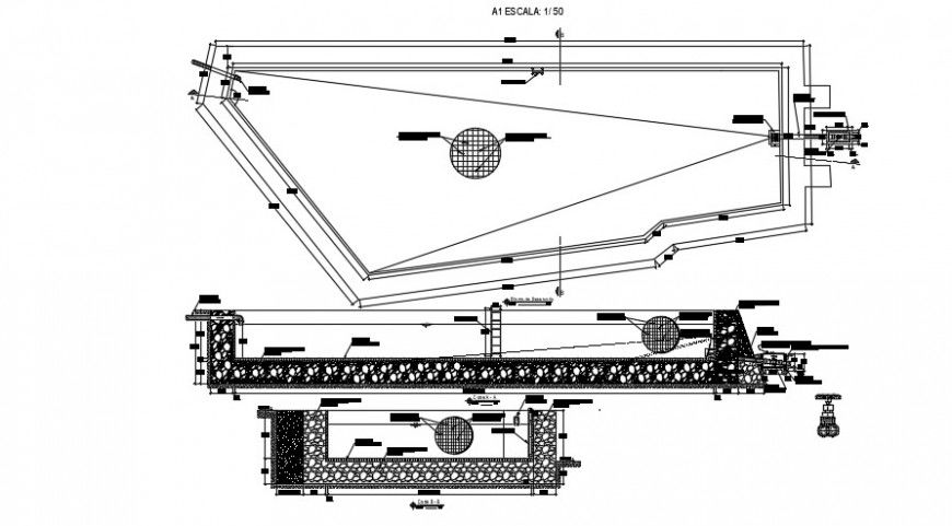  2d cad drawing of Water reservoir  section plan autocad software