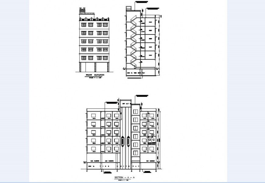 Different elevation and section view of commercial building in auto cad