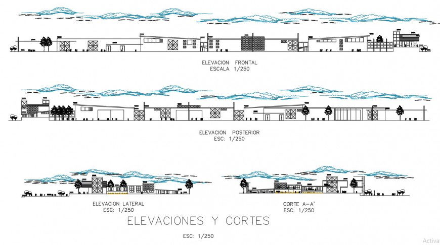 Elevation and section detail club house plan layout file