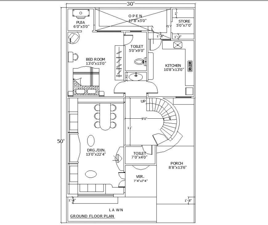 Ground floor bungalow layout plan in dwg AutoCAD file.