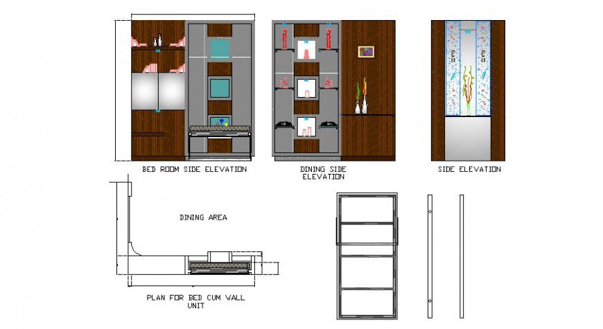 Interior view of bedroom plan and different elevation in auto cad
