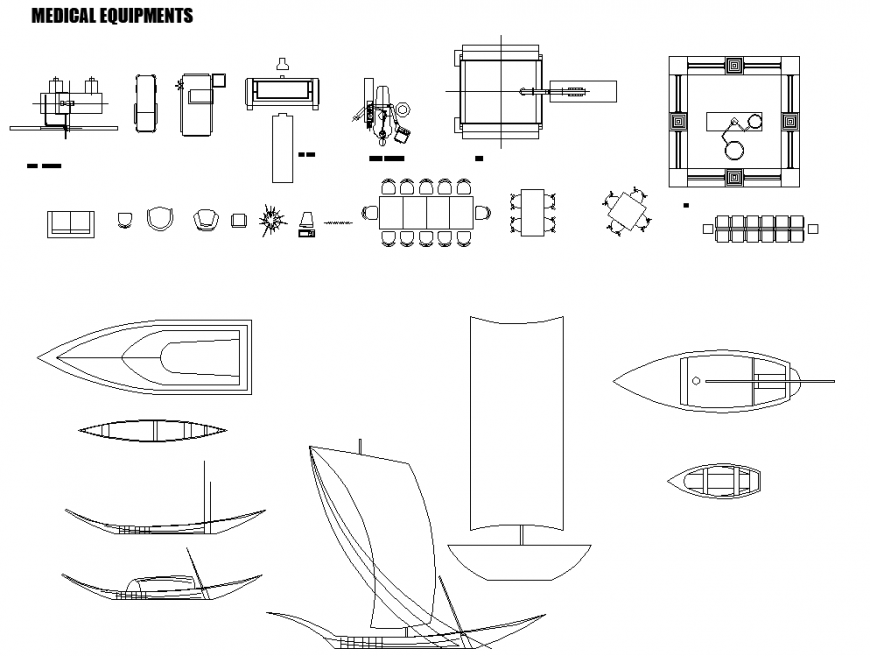 Medical equipment and water transport vehicle blocks in dwg AutoCAD file.