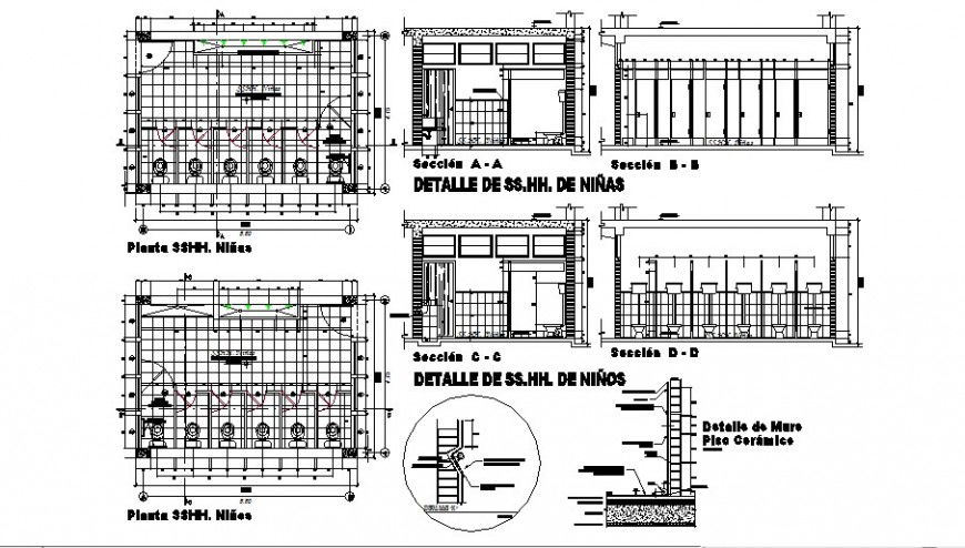 Public toilet plan and elevation detail drawing in AutoCAD file.