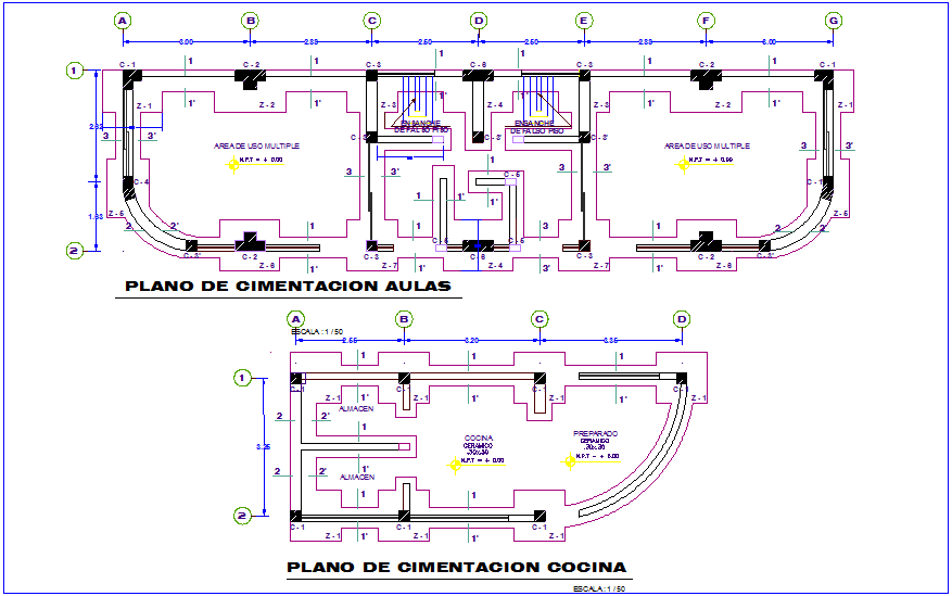 Classroom and kitchen foundation plan with detail for education area dwg file